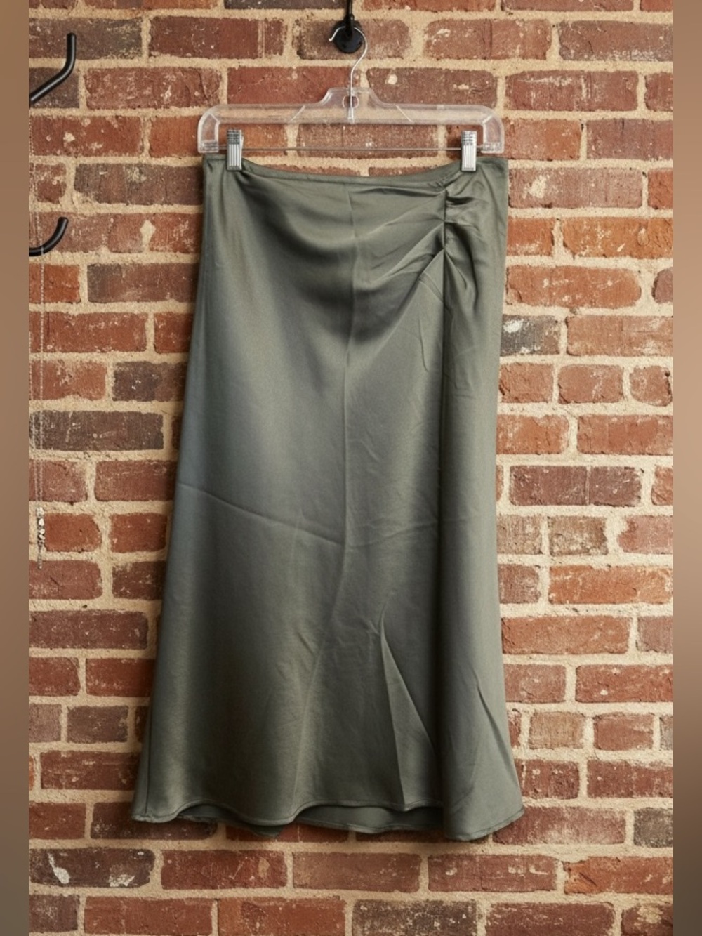 Status Olive Green Satin Ruched Midi Skirt Size M